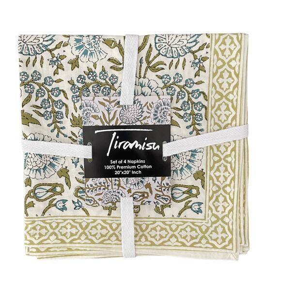 TIRAMISU Spring Floral 100% Cotton 20X20 Cloth Napkins Set of 4 Green Blue NEW - Picture 2 of 3